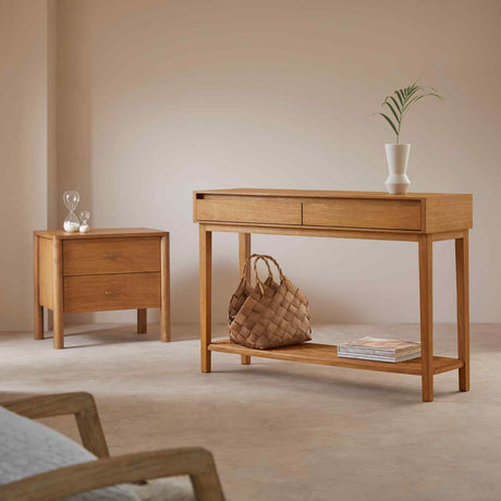 Fishe and Lilly Console Table in wood finish with drawers and open shelf for stylish storage