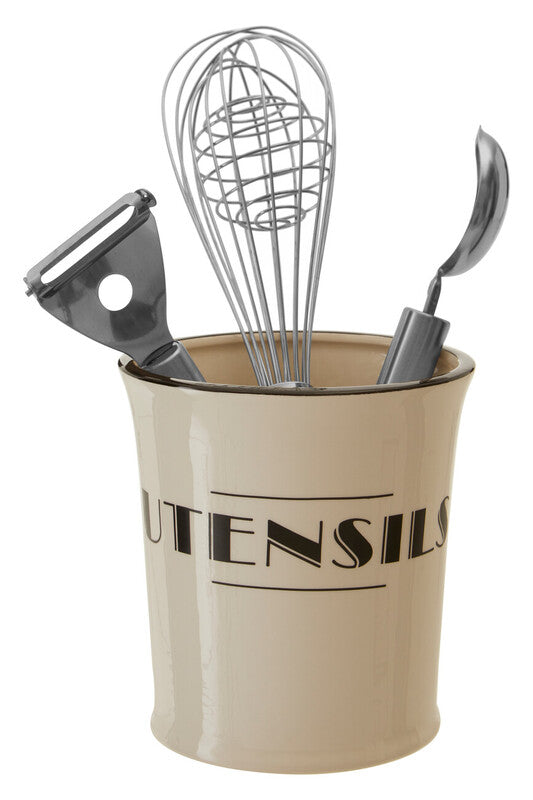 Orsina Utensils Holder in beige with kitchen tools like a whisk, peeler and spoon