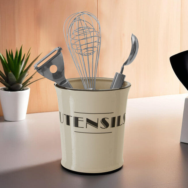 Orsina Utensils Holder in cream with a whisk, peeler, and serving spoon for kitchen organisation