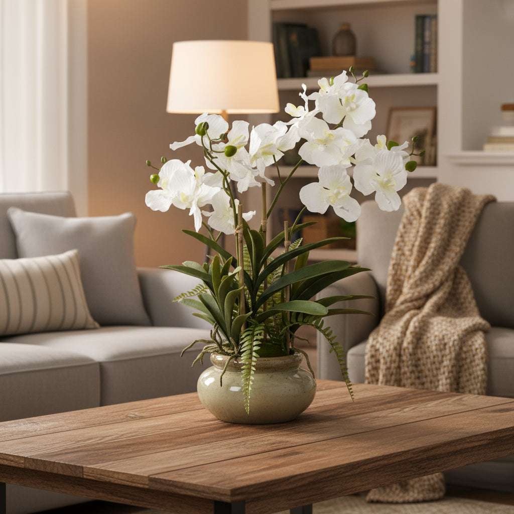White Vanda Orchid Plant In Ceramic Pot WHITE PLASTIC Shades 4 Seasons