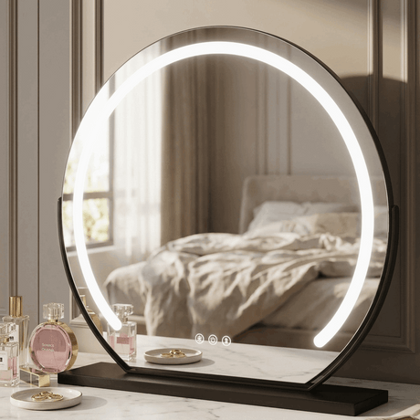 Chic circular vanity mirror with soft LED lighting, perfect for elegant dressing tables