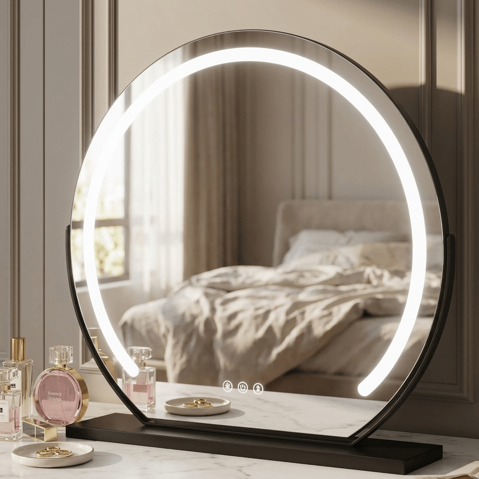 Chic circular vanity mirror with soft LED lighting, perfect for elegant dressing tables