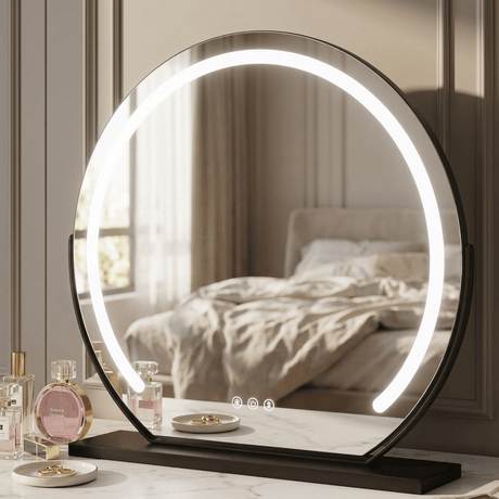 Chic circular vanity mirror with soft LED lighting, perfect for elegant dressing tables