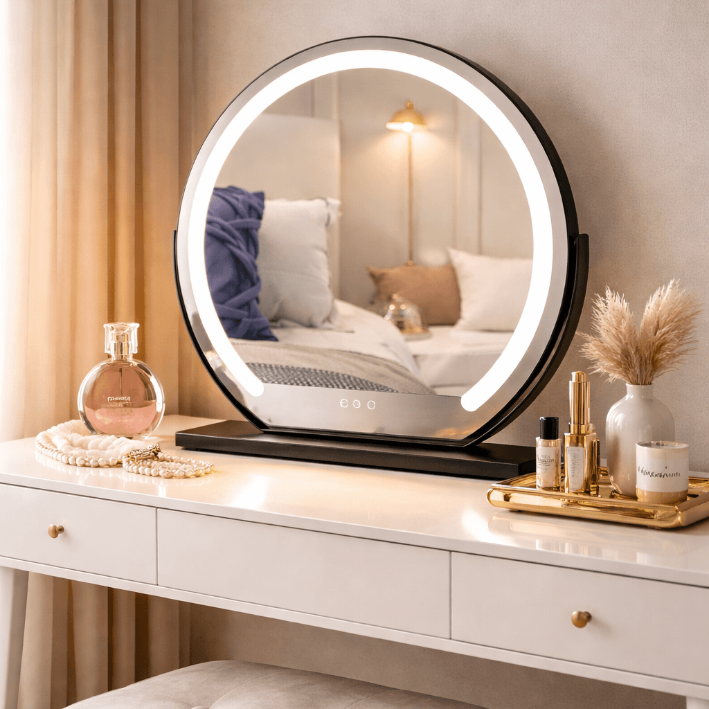 Stylish Vanity Mirror with LED Lights on a Black Base, Perfect for Makeup and Grooming