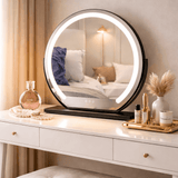 Stylish Vanity Mirror with LED Lights on a Black Base, Perfect for Makeup and Grooming