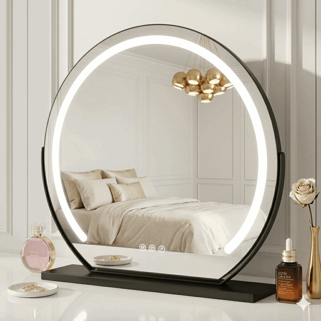 Hollywood Vanity Mirror with Adjustable LED Lighting and Elegant Circular Design on a Stylish Base