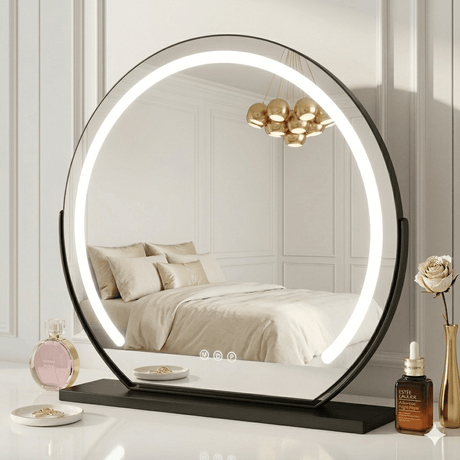 Hollywood Vanity Mirror with Adjustable LED Lighting and Elegant Circular Design on a Stylish Base
