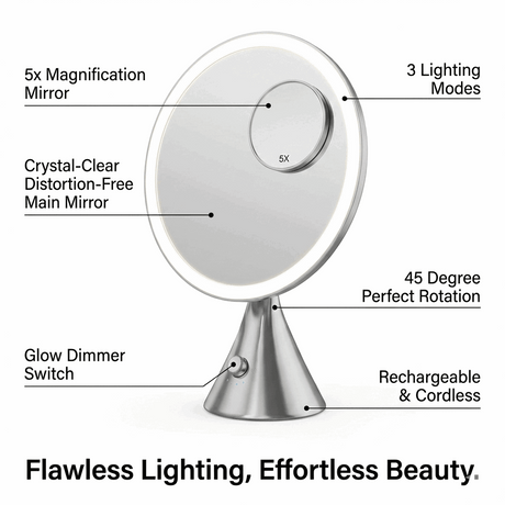 Hollywood Vanity Mirror with 5x Magnification, three lighting modes and cordless design for effortless beauty
