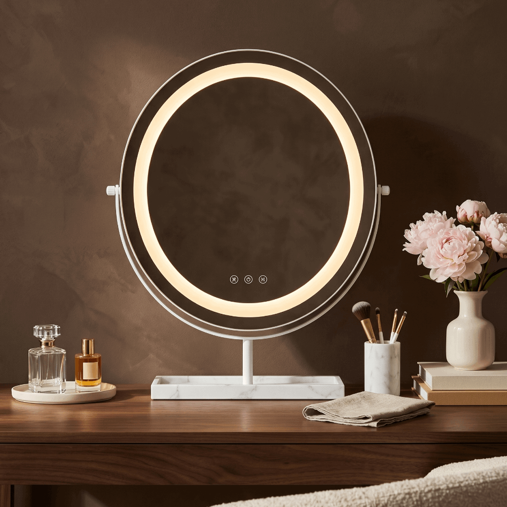 Stylish Vanity Mirror with LED Lighting on a Modern Desk with Decorative Accessories