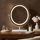 Stylish Vanity Mirror with LED Lighting on a Modern Desk with Decorative Accessories