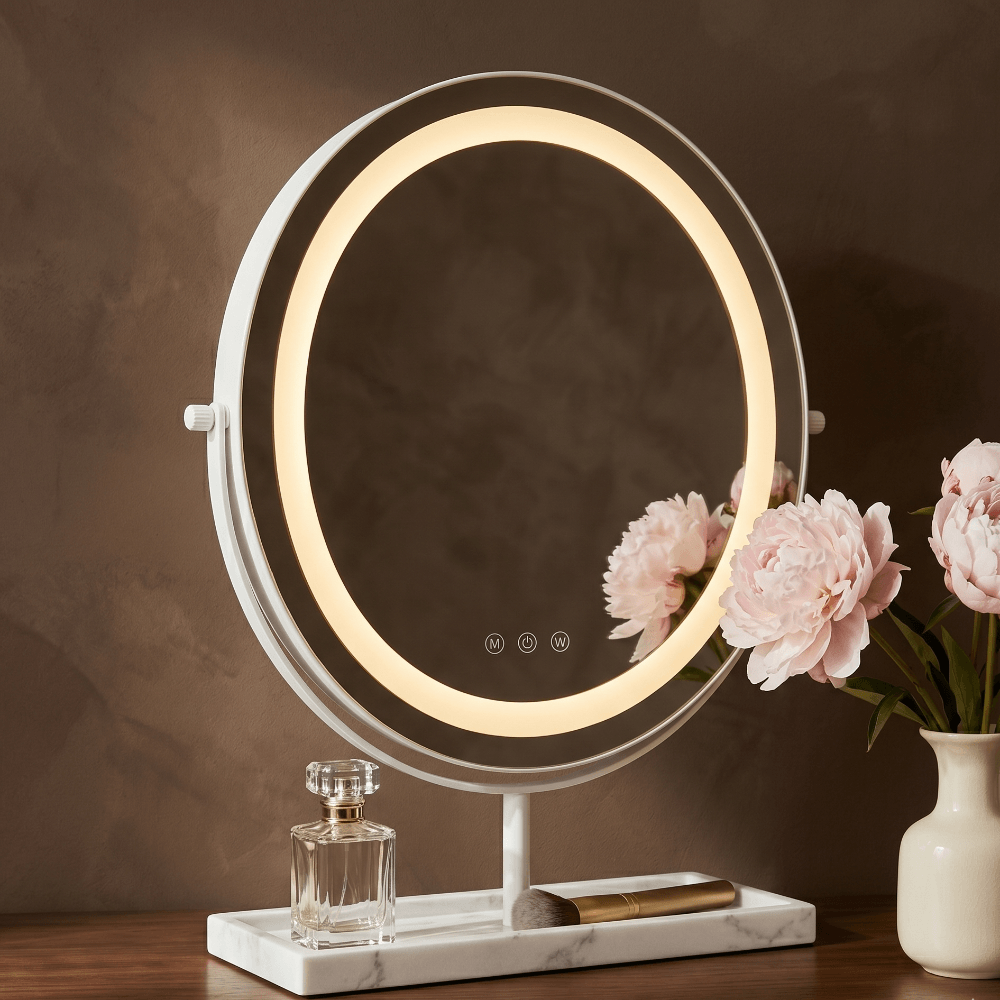Hollywood Mirrors Vanity Mirror with LED lighting and marble base for elegant styling