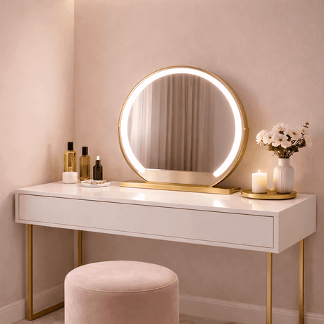 Elegant Vanity Mirror with Round LED Lighting on a Stylish White Dressing Table