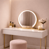 Elegant Vanity Mirror with Round LED Lighting on a Stylish White Dressing Table