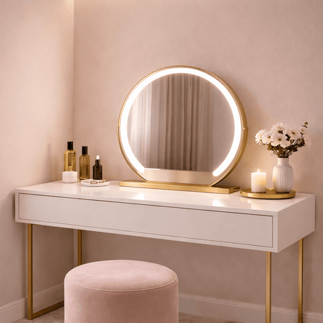 Elegant Vanity Mirror with Round LED Lighting on a Stylish White Dressing Table
