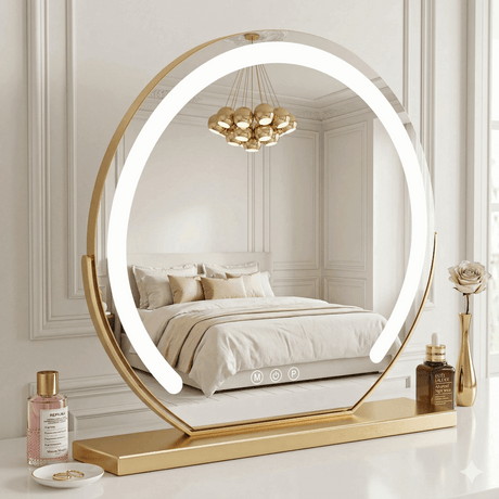 Elegant Hollywood Vanity Mirror with LED Light Ring and Gold Base for Stylish Make-Up Application