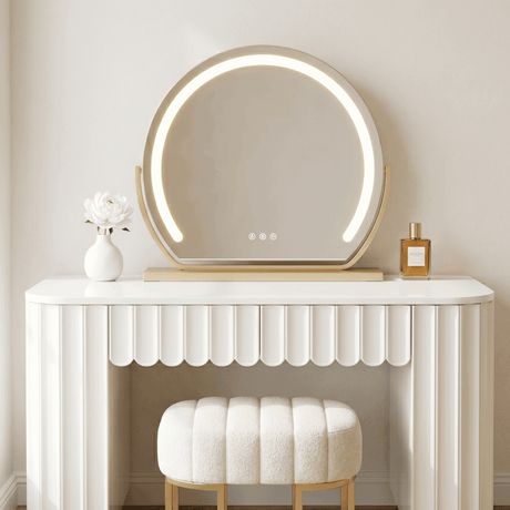 Stylish Vanity Mirror with LED Lighting on a White Table with a Modern Design