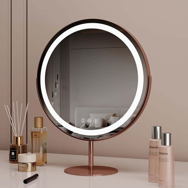 Modern Vanity Mirror with LED Light Ring and Rose Gold Stand for Glamorous Makeup Application