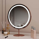 Modern Vanity Mirror with LED Light Ring and Rose Gold Stand for Glamorous Makeup Application