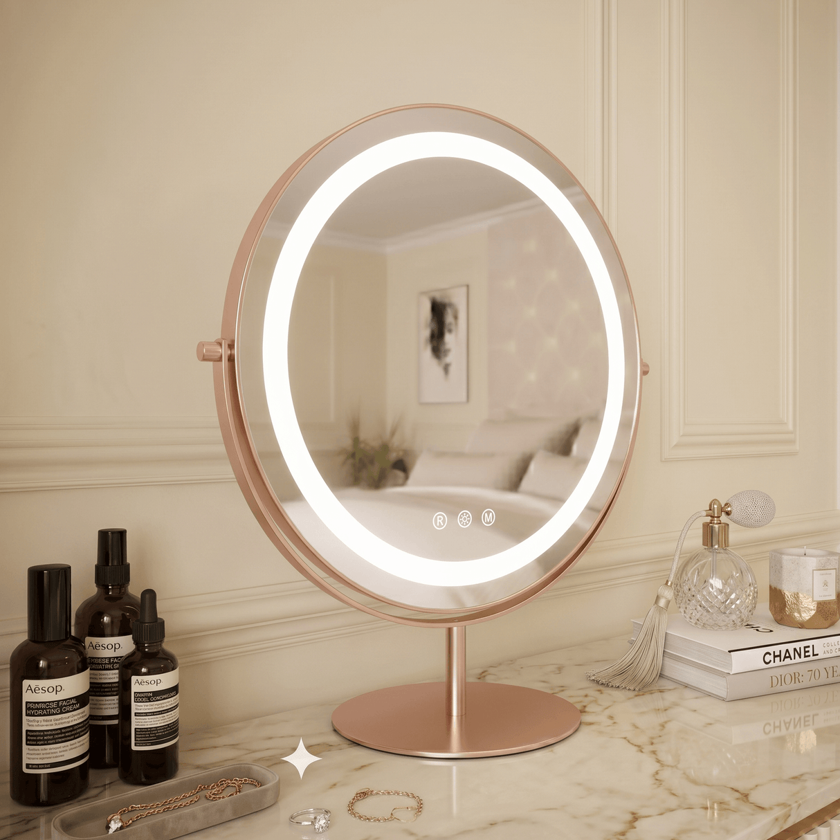 Hollywood vanity mirror with adjustable LED lighting and elegant rose gold finish for beauty routines