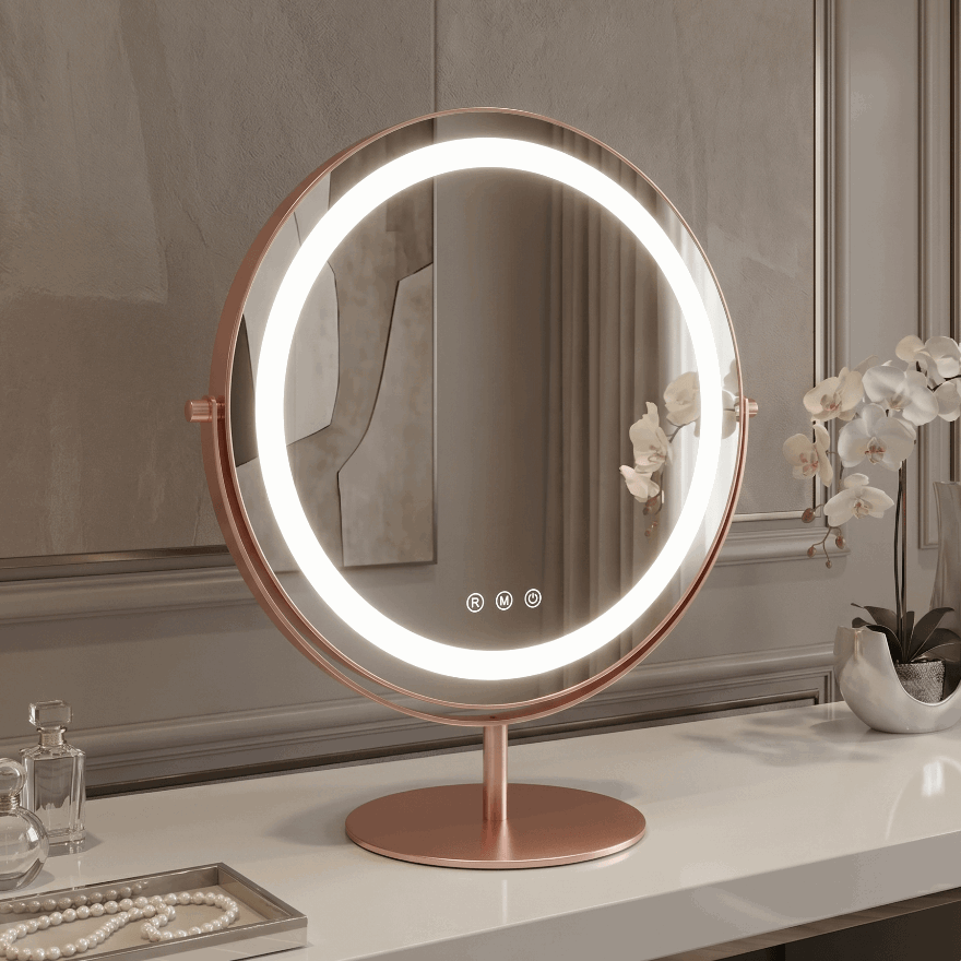 Elegant Hollywood Vanity Mirror with LED lighting and a modern rose gold finish for stylish decor