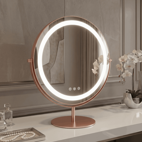 Elegant Hollywood Vanity Mirror with LED lighting and a modern rose gold finish for stylish decor