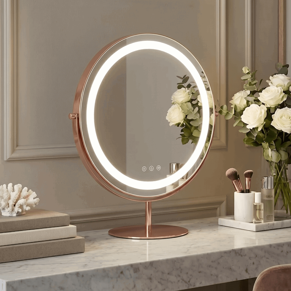 Hollywood Vanity Mirror with a circular design and illuminated ring, perfect for makeup application