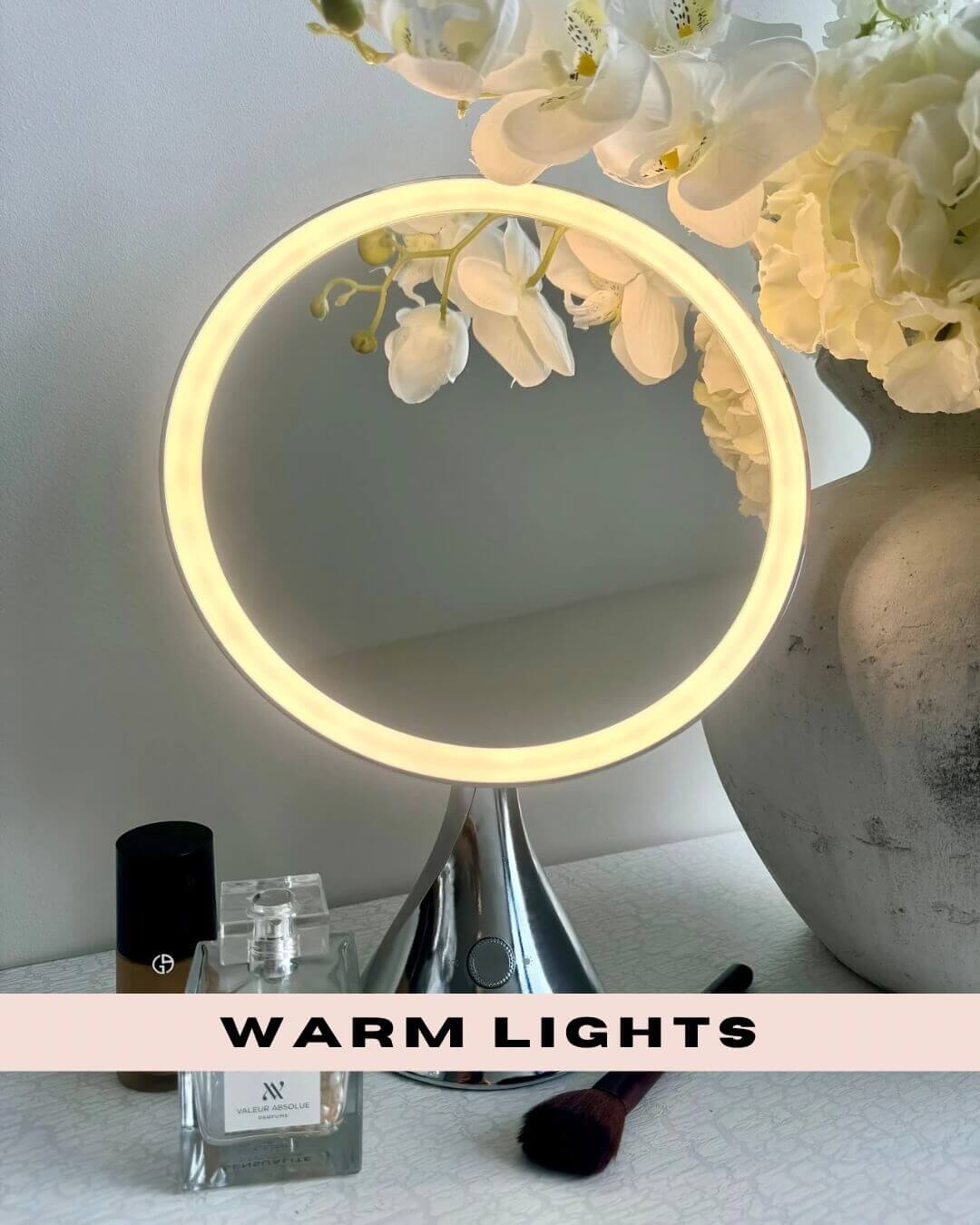 Hollywood vanity mirror with warm lights, perfect for makeup application and personal grooming