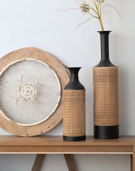 Nisu Home Decorative Vases in Black and Natural Rattan, Perfect for Floral Arrangements