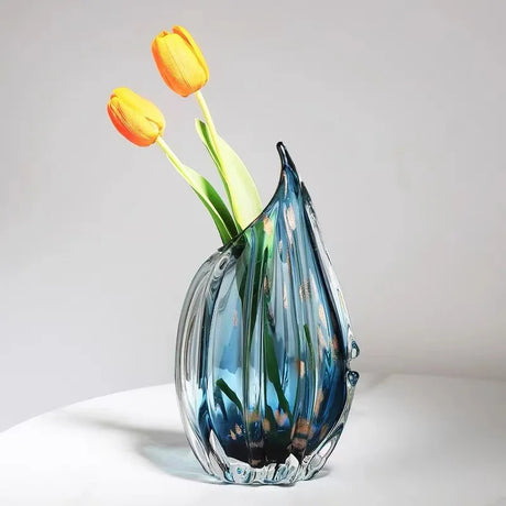 Nisu Home Decorative Glass Vase in Blue with Two Yellow Tulips for Elegant Home Decor