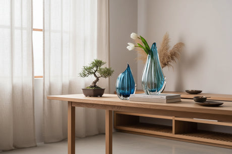 Nisu Home Glass Vase Set in Blue and Clear with Tulips for Elegant Home Decor