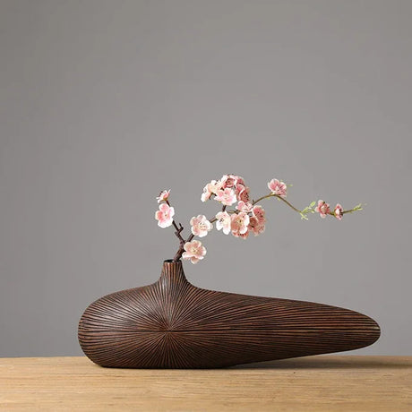 Nisu Home Decorative Brown Vase with Cherry Blossom Branch for Elegant Home Decor