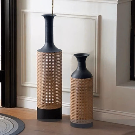 Set of two stylish Nisu Home vases in black and natural rattan perfect for home decor