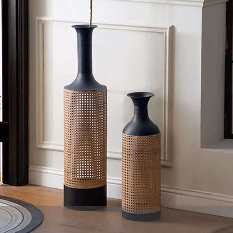 Nisu Home Decorative Vases in Black and Rattan for Modern Home Decor