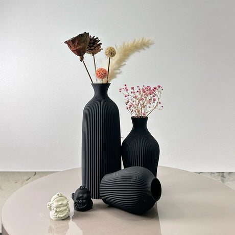 Nisu Home Black Ribbed Vases for Stylish Floral Arrangements and Home Decor