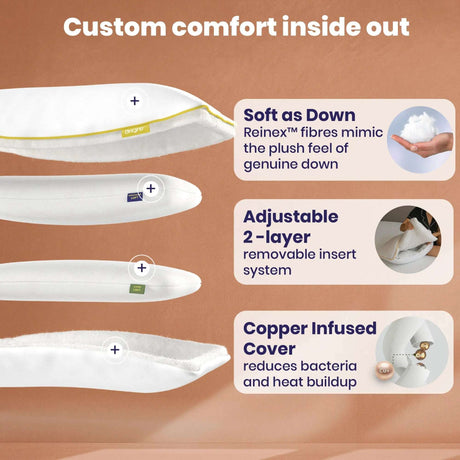 Brightr Vegan Down Pillow with adjustable layers and copper-infused cover for ultimate comfort and support