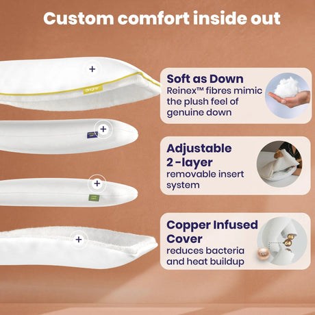 Brightr Vegan Down Pillow with adjustable layers and copper-infused cover for ultimate comfort and support