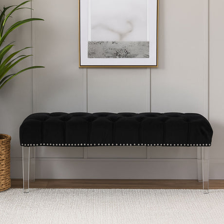 Orsina Velvet Bench in Black with Tufted Design and Clear Acrylic Legs for Modern Interiors
