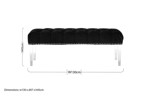 Orsina Velvet Bench in Black with Tufted Design and Silver Studded Trim, Dimensions 130x47x45cm