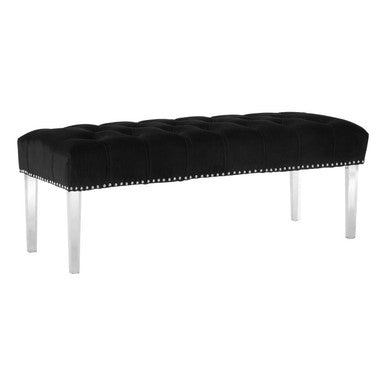 Orsina Velvet Bench in Black with Button Tufting and Clear Acrylic Legs for Elegant Seating