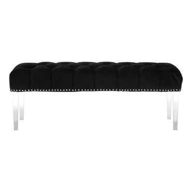 Orsina Velvet Bench in black with tufted design and shiny silver legs for elegant seating.