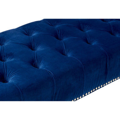Orsina Velvet Bench in Rich Blue with Elegant Tufted Design and Silver Studded Trim