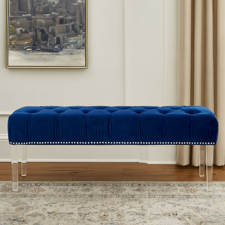 Elegant Velvet Bench in Deep Blue with Tufted Design and Acrylic Legs for Stylish Interiors