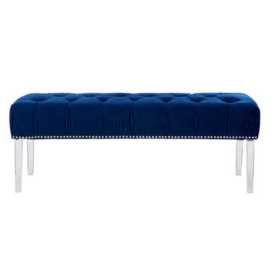 Orsina Velvet Bench in deep blue with tufted upholstery and sleek legs for stylish decor