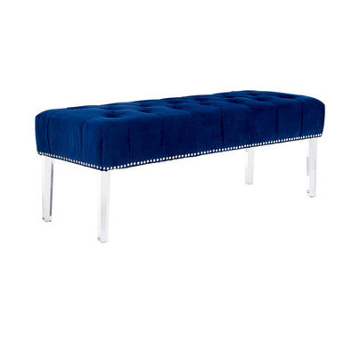 Orsina Velvet Bench in deep blue with tufted upholstery and metallic legs for stylish seating