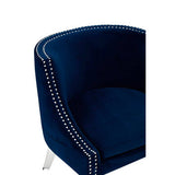 Orsina Velvet Chair in navy blue with elegant studded detailing and sleek chrome legs