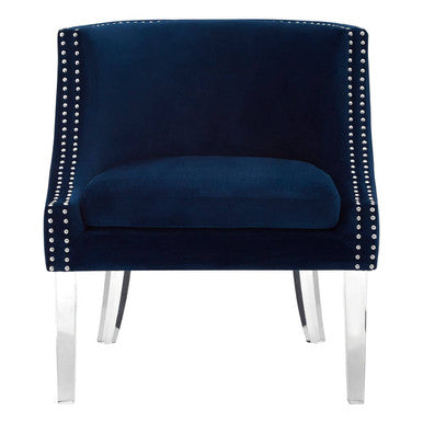 Orsina Velvet Chair in navy blue with studded detailing and clear acrylic legs