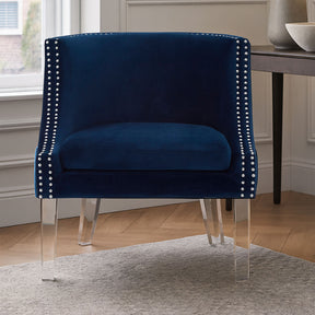 Orsina Velvet Chair in Navy Blue with Elegant Studded Detailing and Clear Acrylic Legs