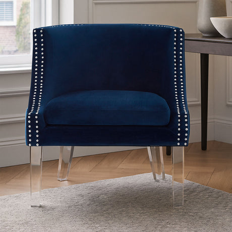Orsina Velvet Chair in Navy Blue with Elegant Studded Detailing and Clear Acrylic Legs