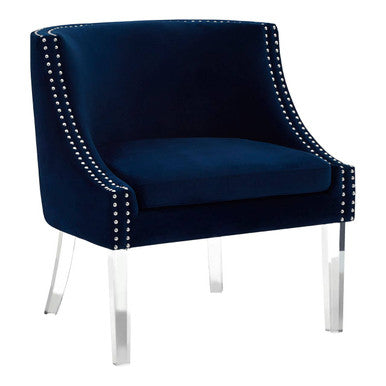 Orsina Velvet Chair in Navy Blue with Decorative Nailhead Trim and Clear Legs