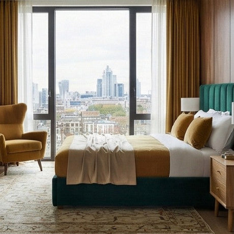 Stylish Fishe and Lilly Bedside Table beside a modern bed with city view and elegant decor